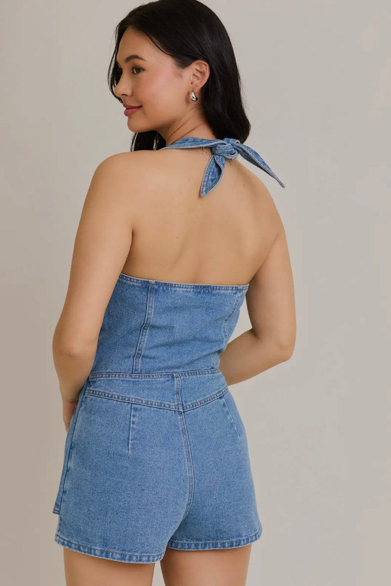Denim Vest-Style Romper with Micro Shorts