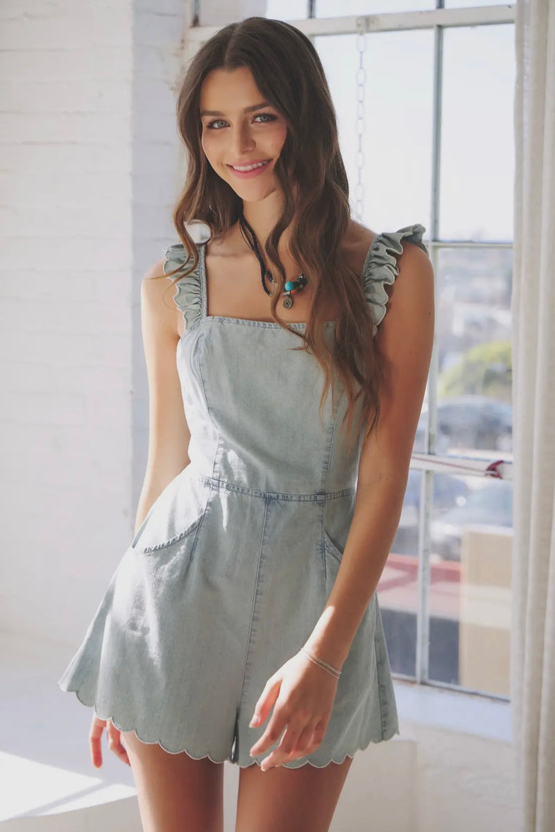 Scallop Edge Ruffle Strap Denim Romper