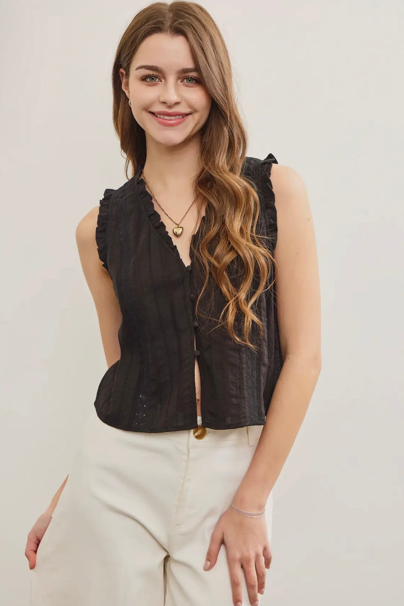 Ruffled V Neck Button Closure Top