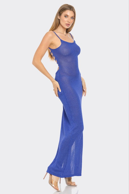 Cerulean Blue Metallic Knit Cover Up Dress