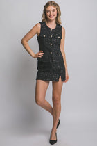 Sequin Button Tweed Vest & Skirt Set