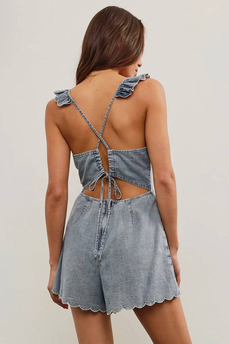 Scallop Edge Ruffle Strap Denim Romper