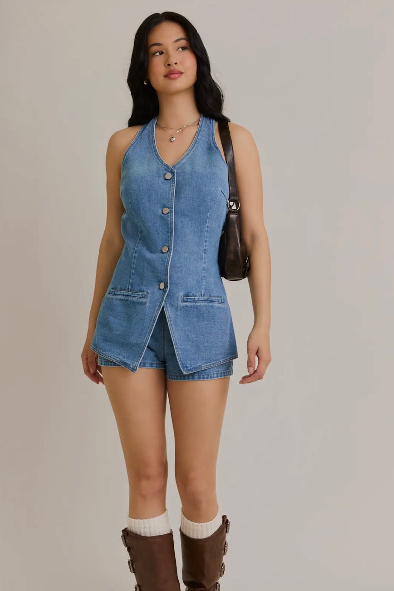 Denim Vest-Style Romper with Micro Shorts