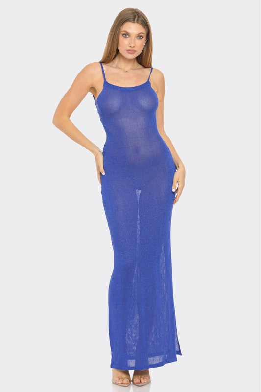 Cerulean Blue Metallic Knit Cover Up Dress