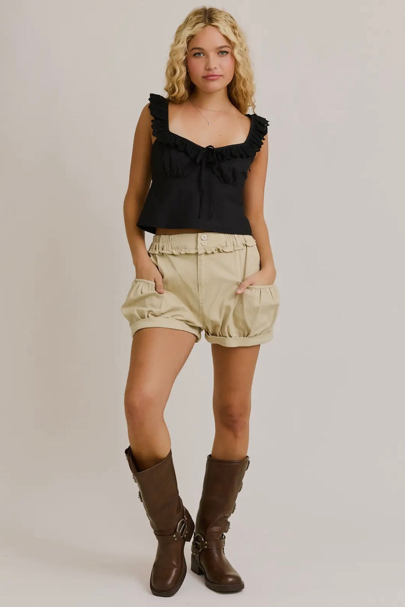 Black Lace Ruffle Shoulder Trim Detail Cami Top