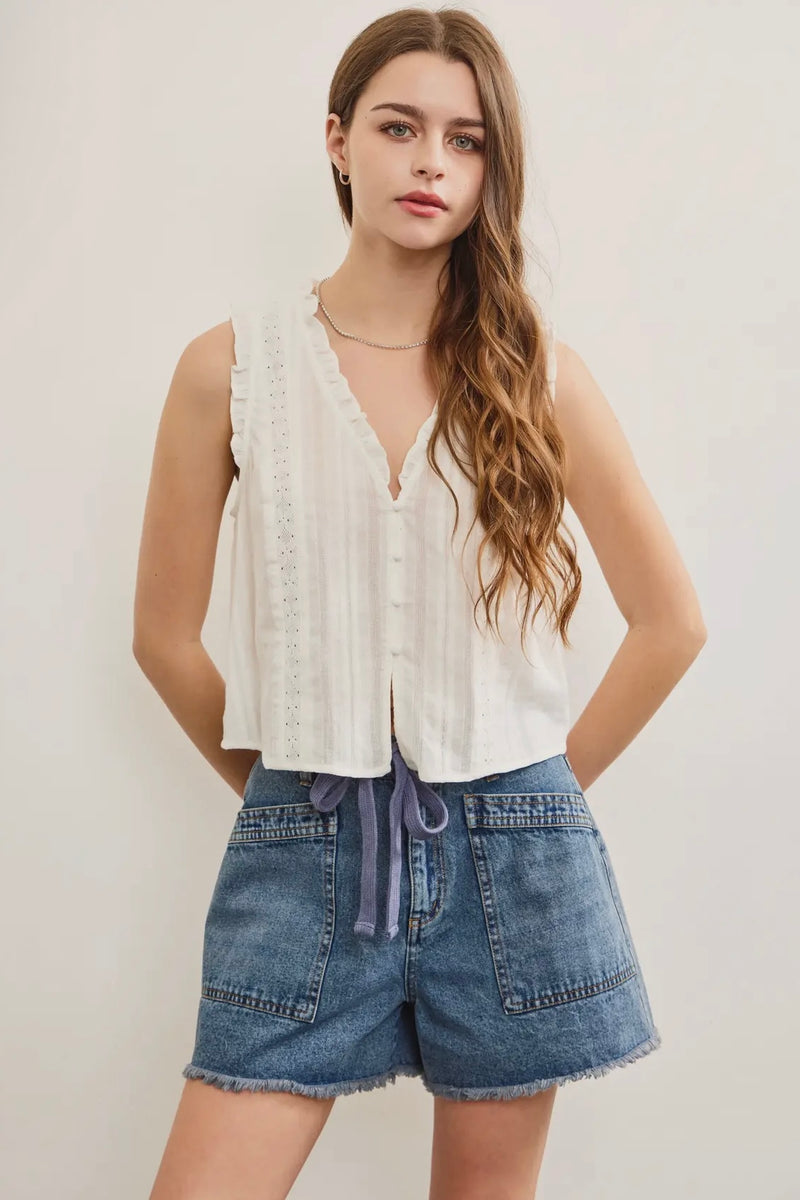 Ruffled V Neck Button Closure Top