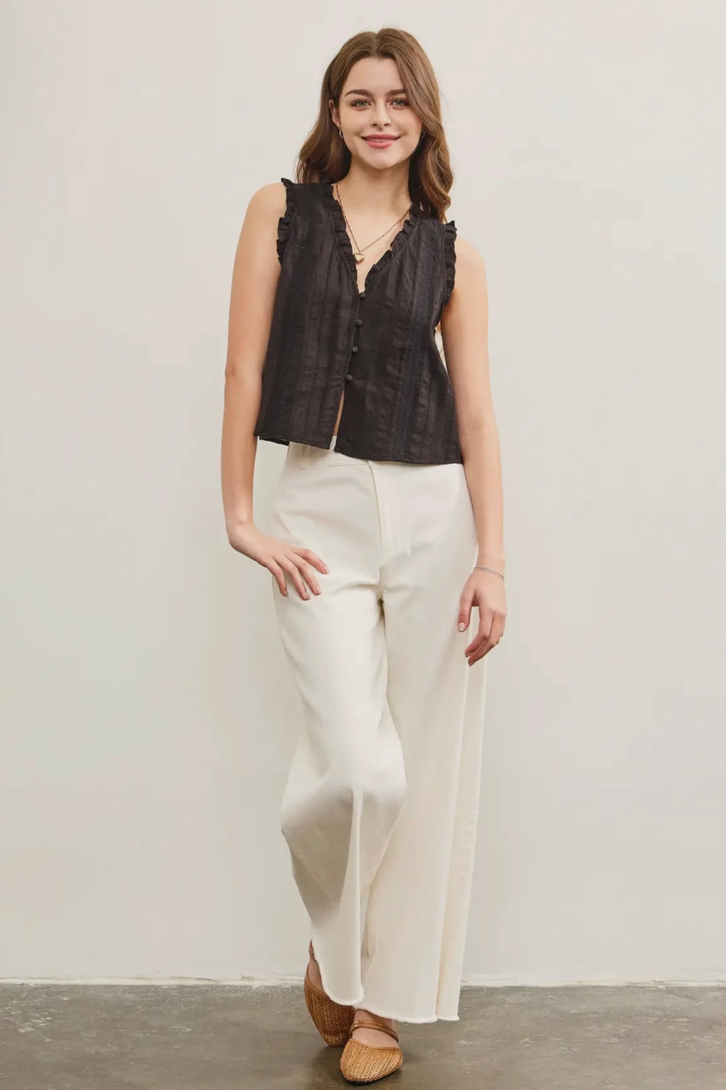 Ruffled V Neck Button Closure Top