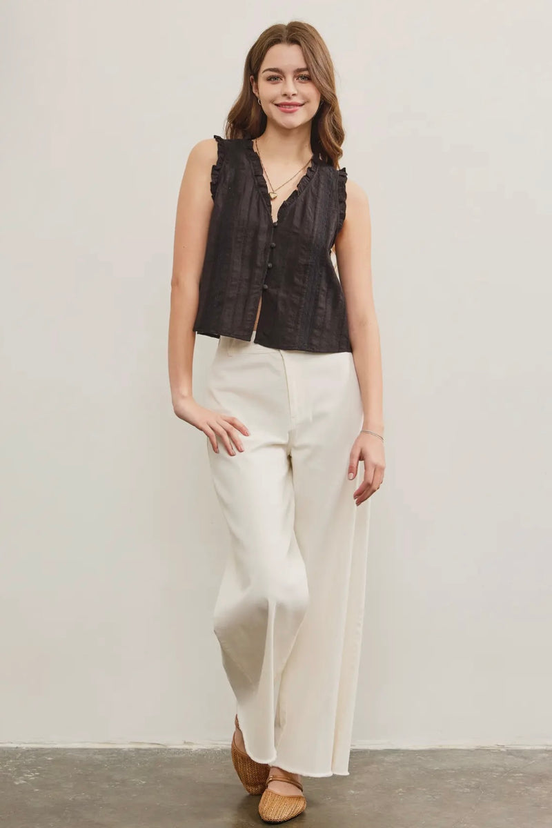 Ruffled V Neck Button Closure Top