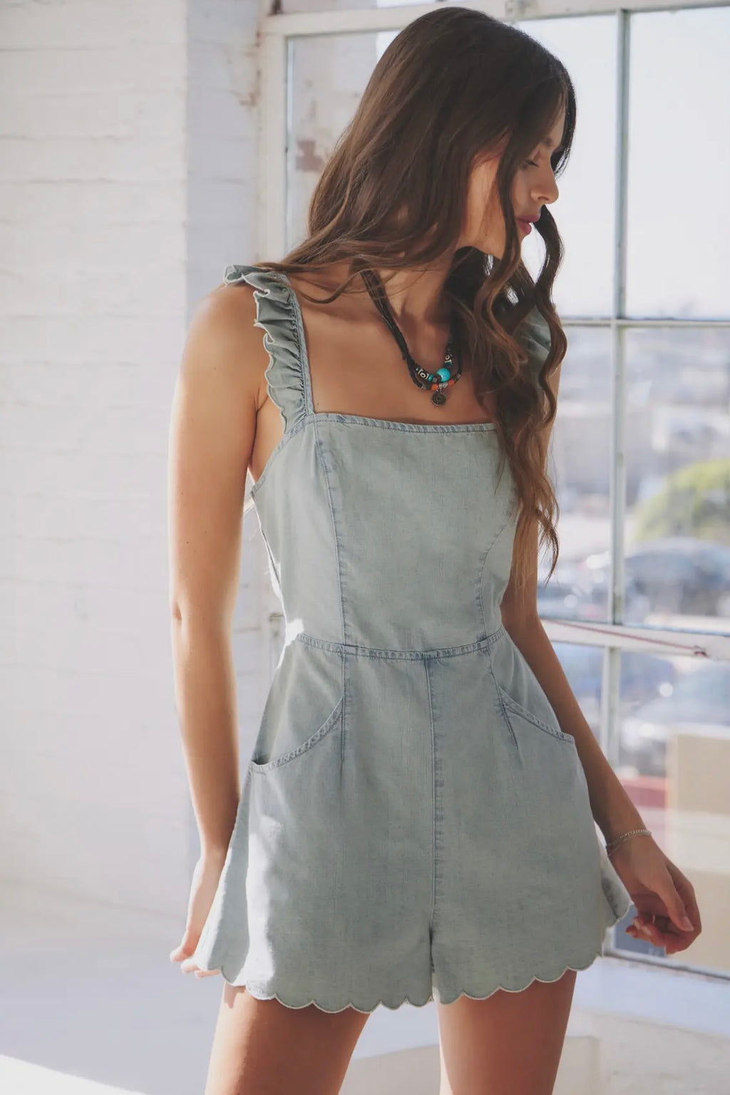 Scallop Edge Ruffle Strap Denim Romper