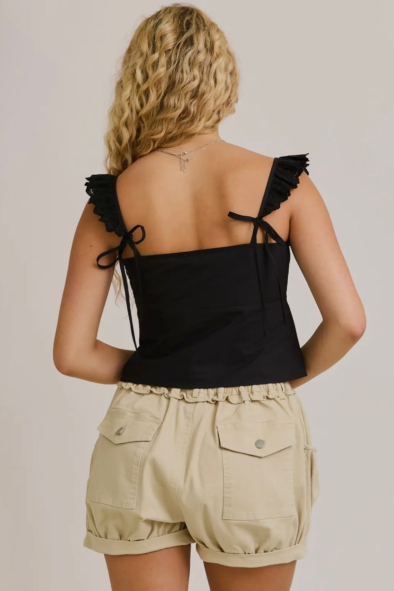 Black Lace Ruffle Shoulder Trim Detail Cami Top