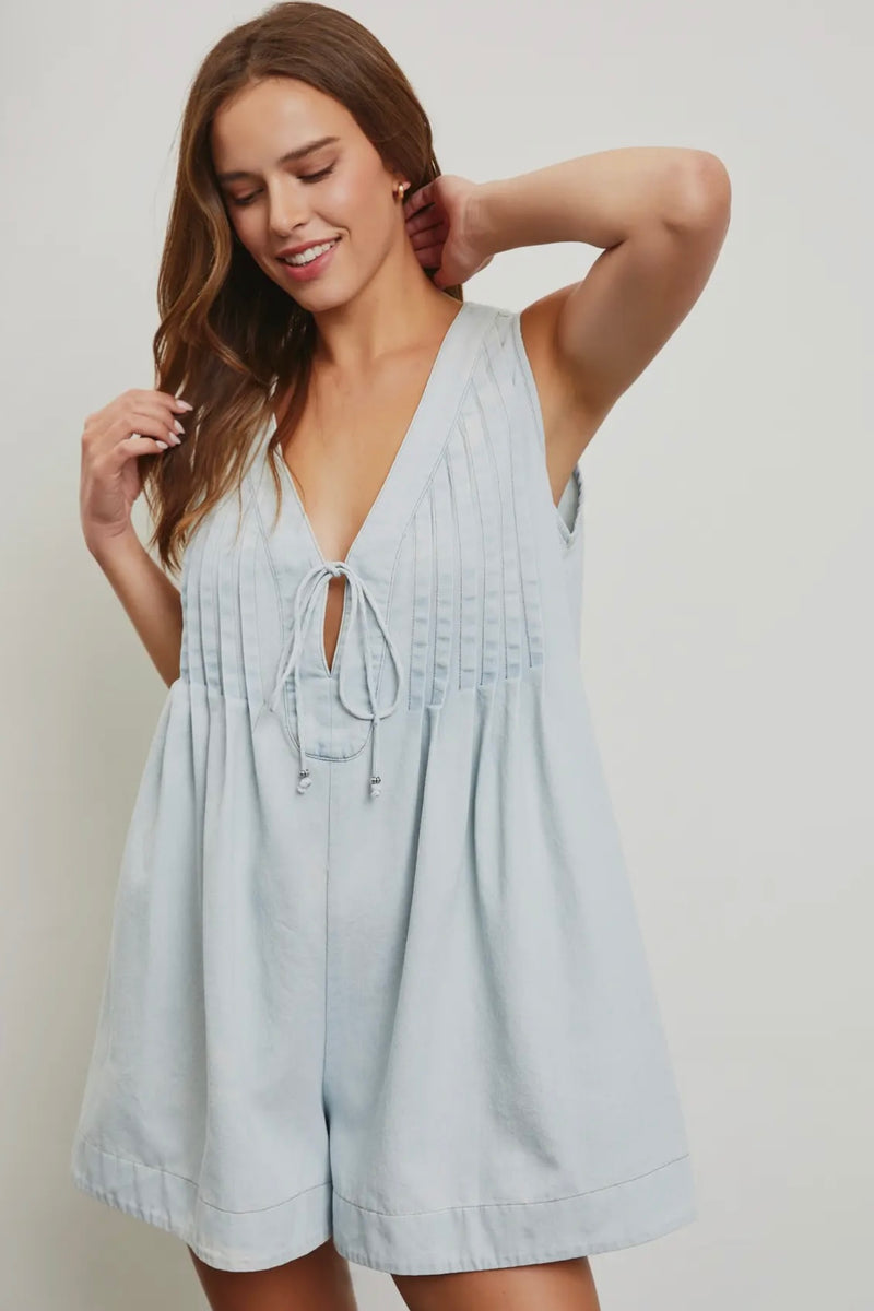 Denim Pleated Romper with Tie
