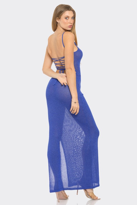 Cerulean Blue Metallic Knit Cover Up Dress