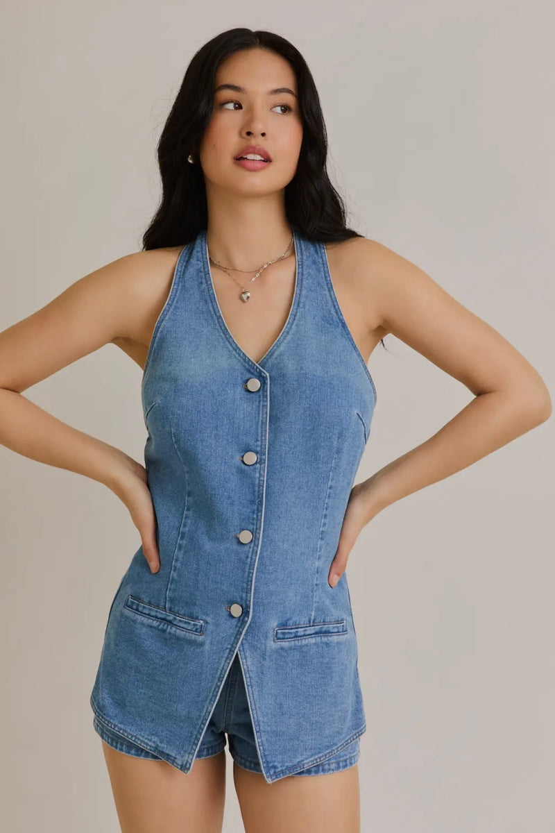 Denim Vest-Style Romper with Micro Shorts