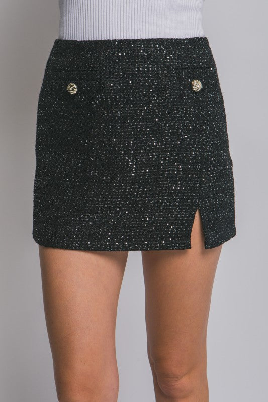 Sequin Button Tweed Vest & Skirt Set