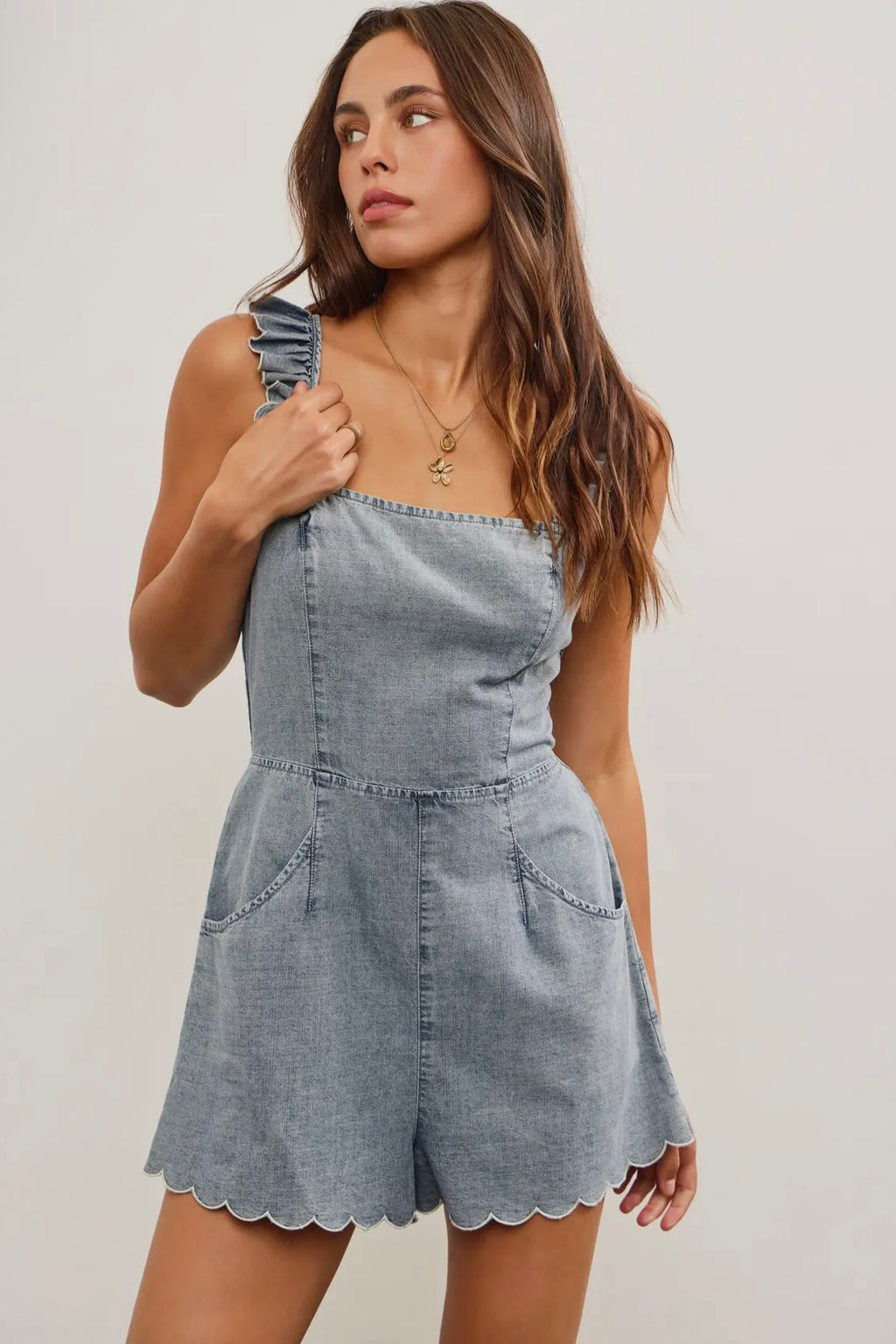 Scallop Edge Ruffle Strap Denim Romper