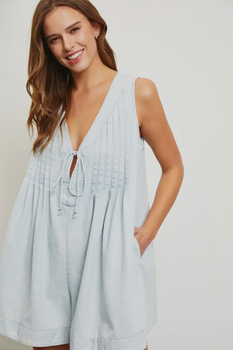 Denim Pleated Romper with Tie