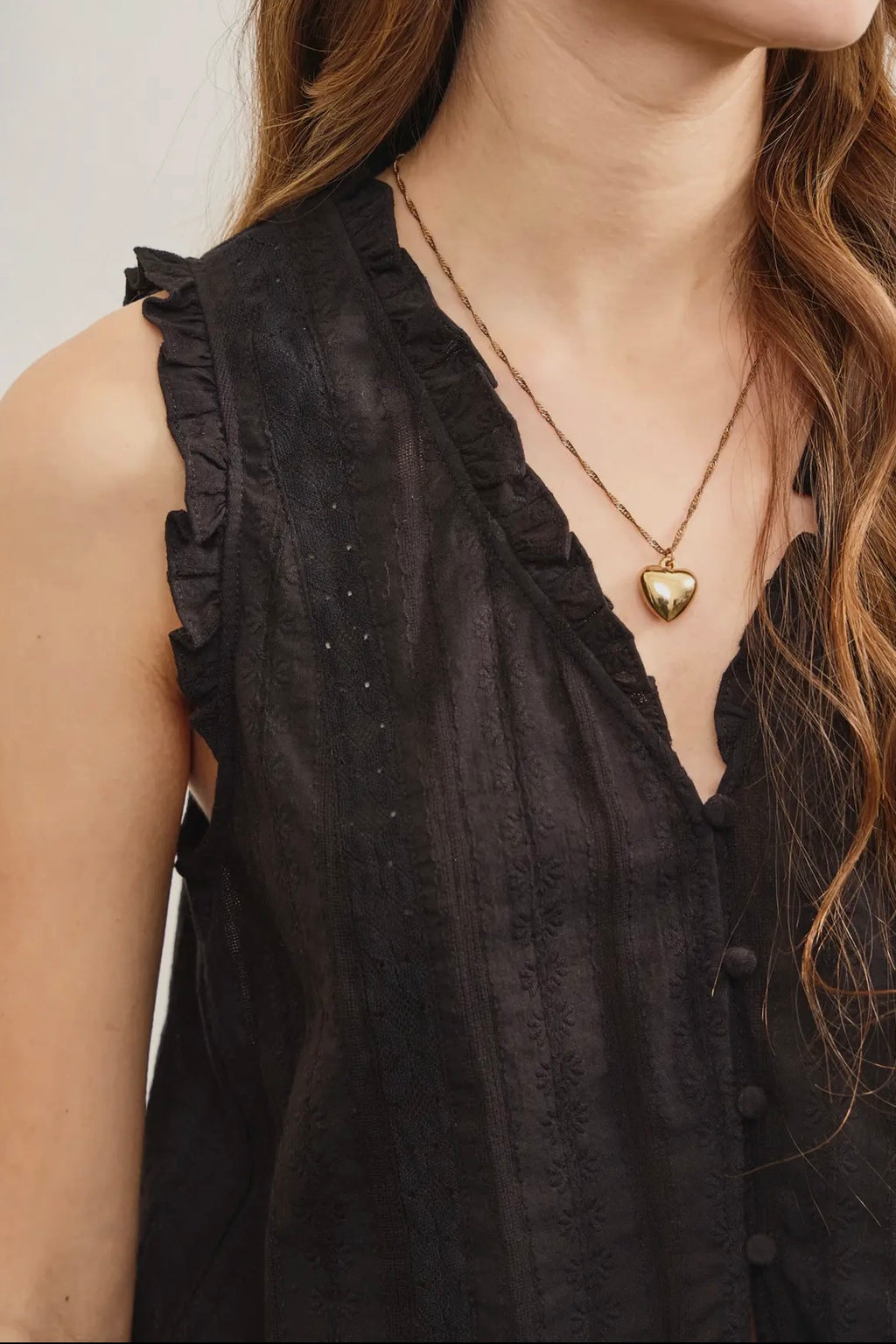 Ruffled V Neck Button Closure Top