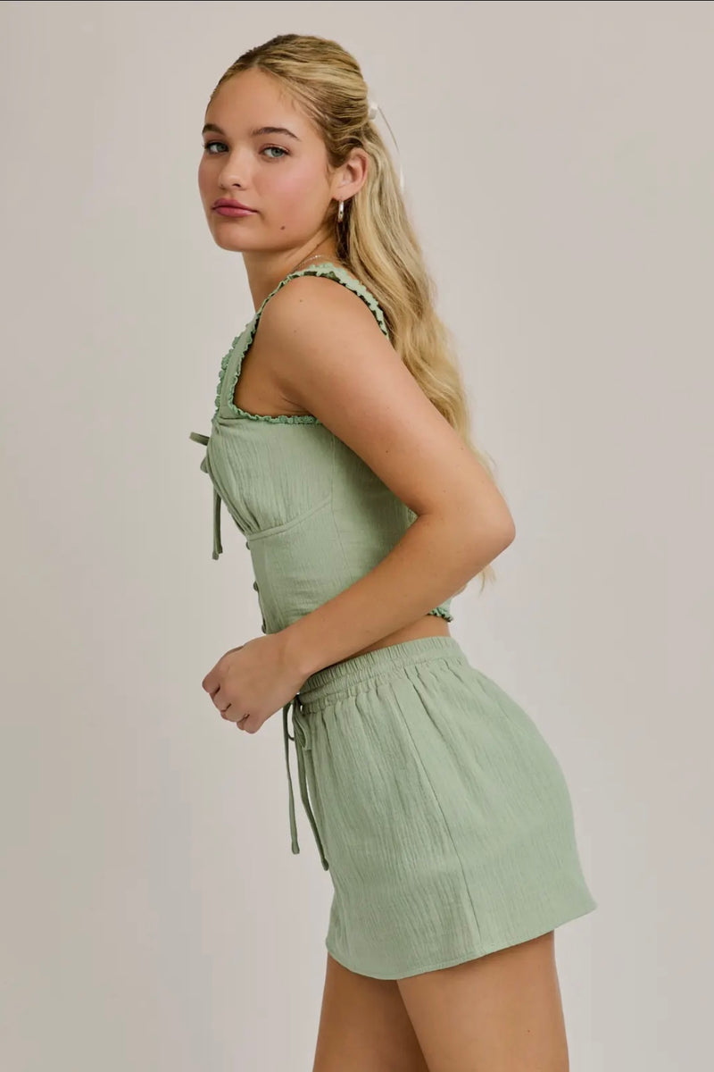 Sage Lace Trim Detail Smocked Corset Top with Mini Skort