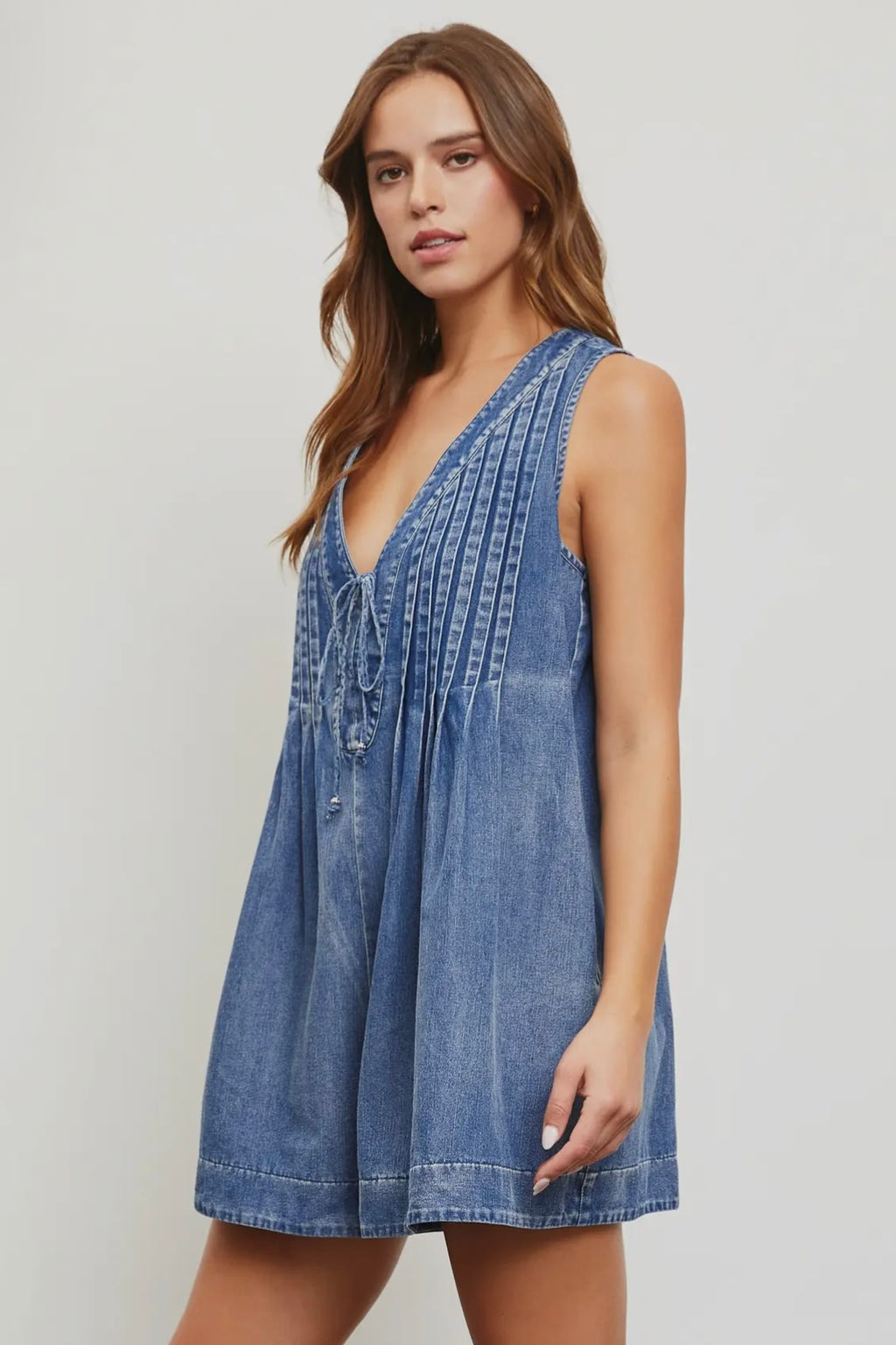 Denim Pleated Romper with Tie