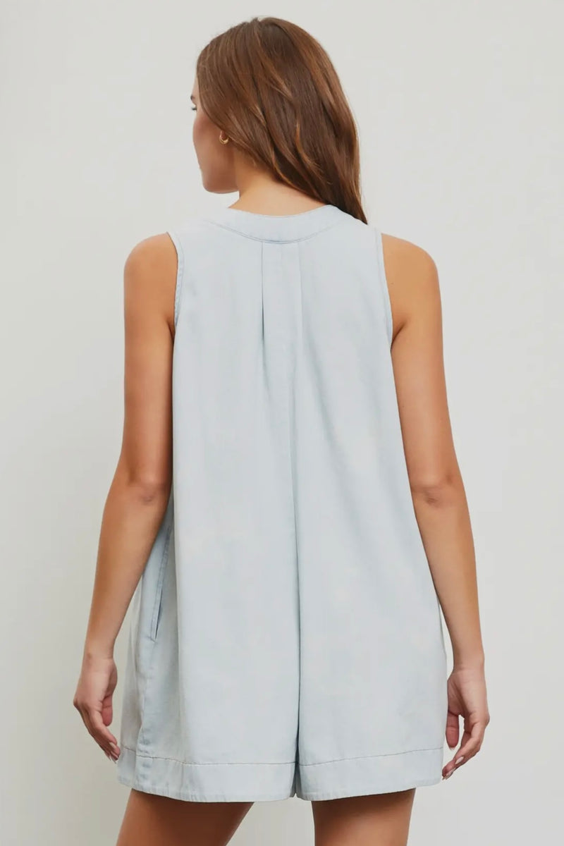Denim Pleated Romper with Tie