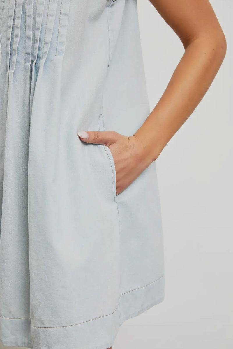 Denim Pleated Romper with Tie