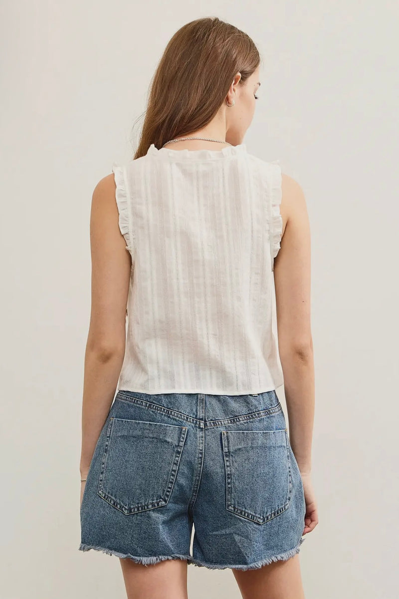 Ruffled V Neck Button Closure Top