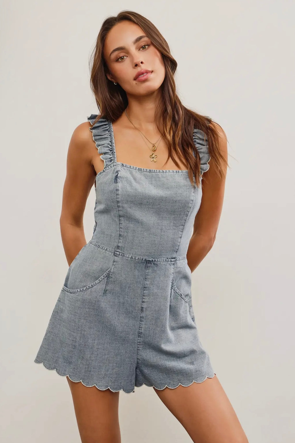 Scallop Edge Ruffle Strap Denim Romper