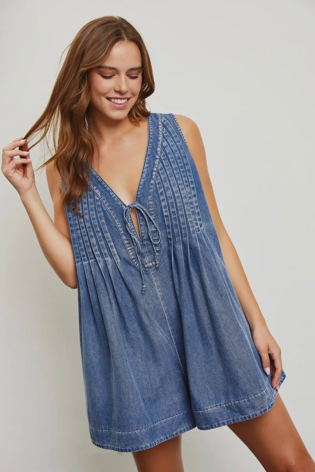 Denim Pleated Romper with Tie