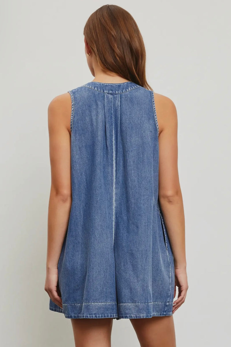 Denim Pleated Romper with Tie