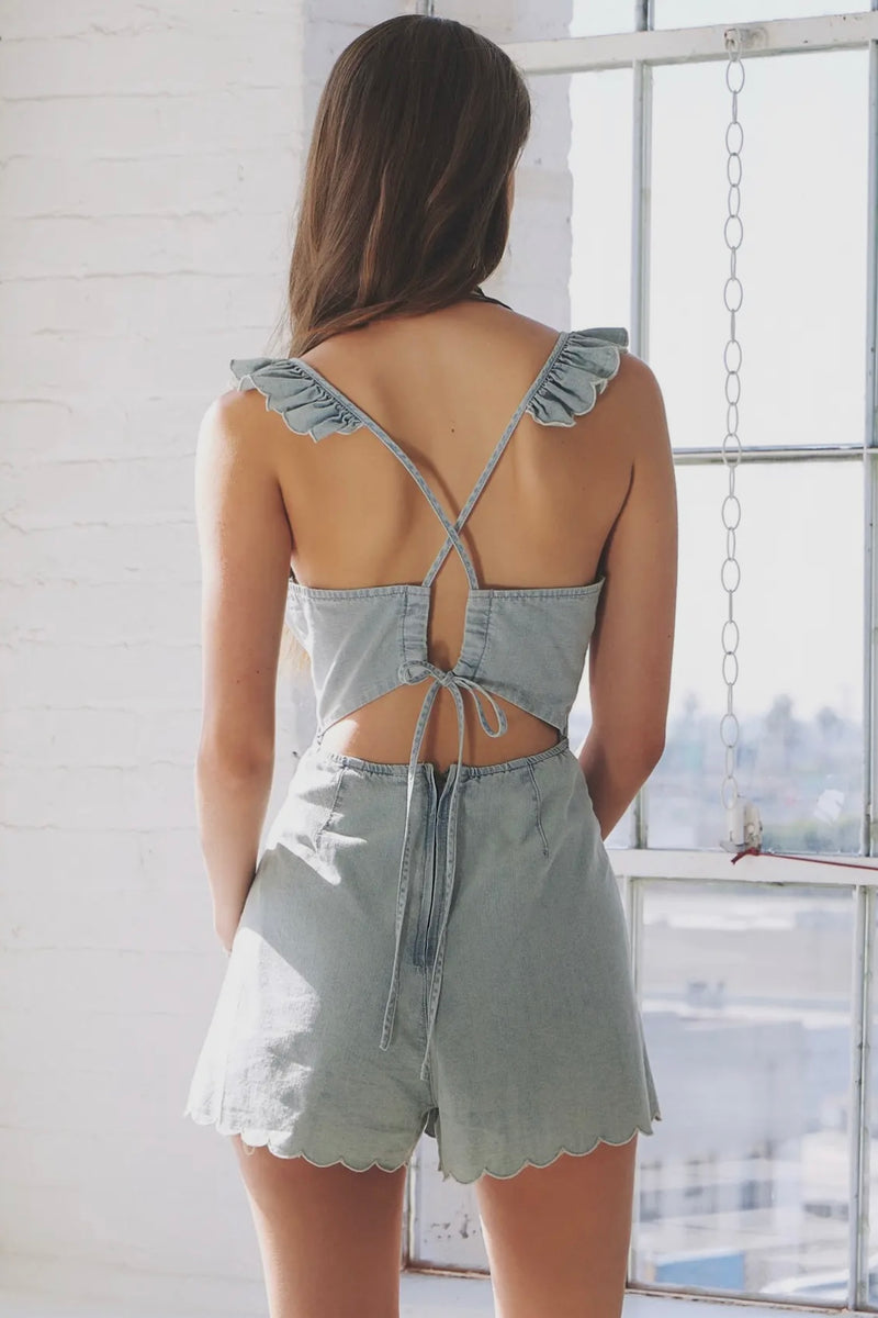 Scallop Edge Ruffle Strap Denim Romper