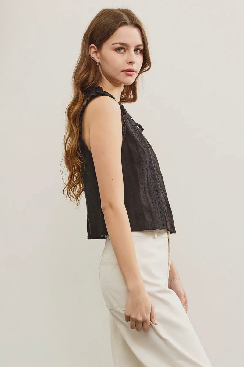 Ruffled V Neck Button Closure Top