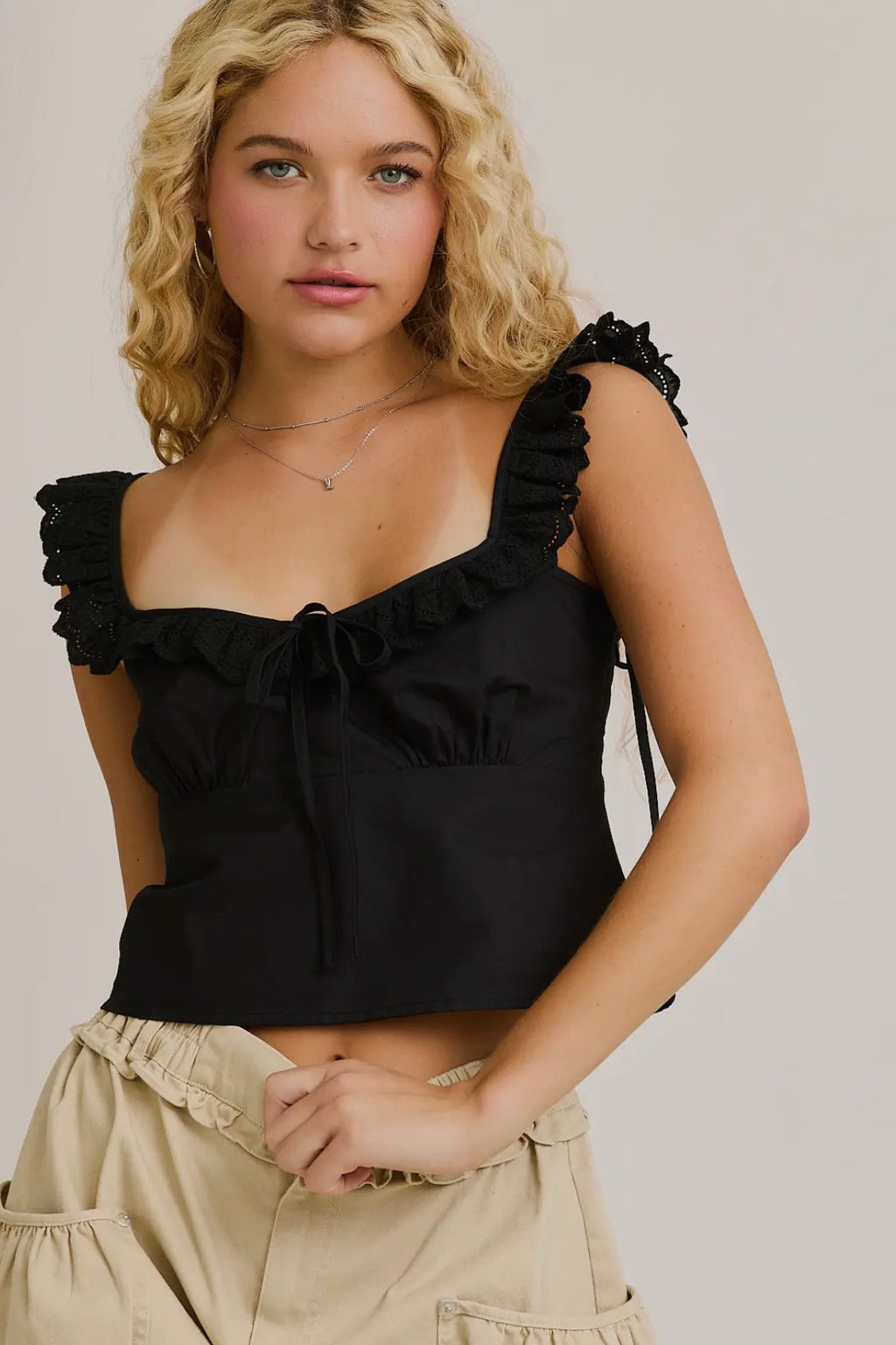Black Lace Ruffle Shoulder Trim Detail Cami Top