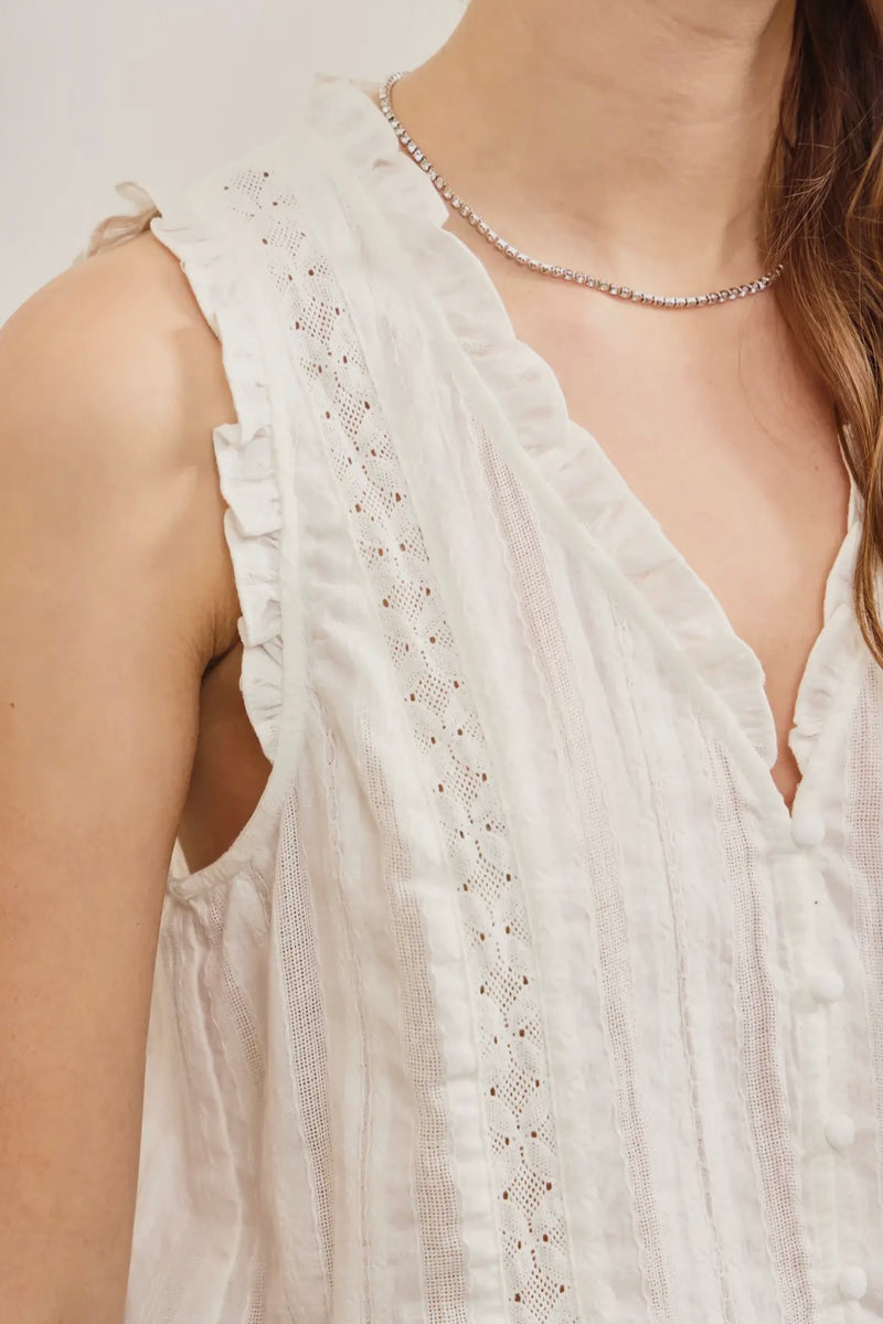 Ruffled V Neck Button Closure Top