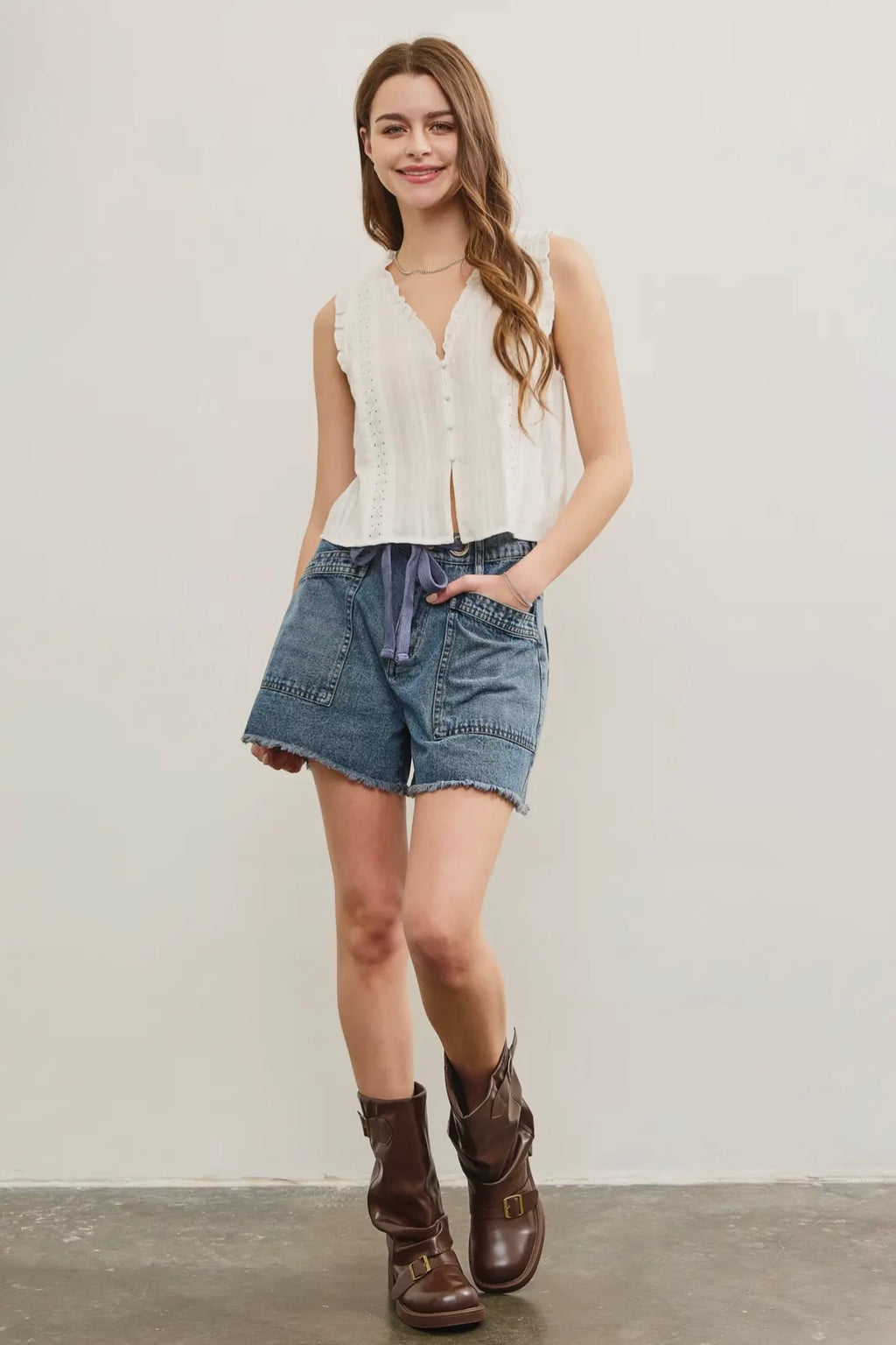 Ruffled V Neck Button Closure Top
