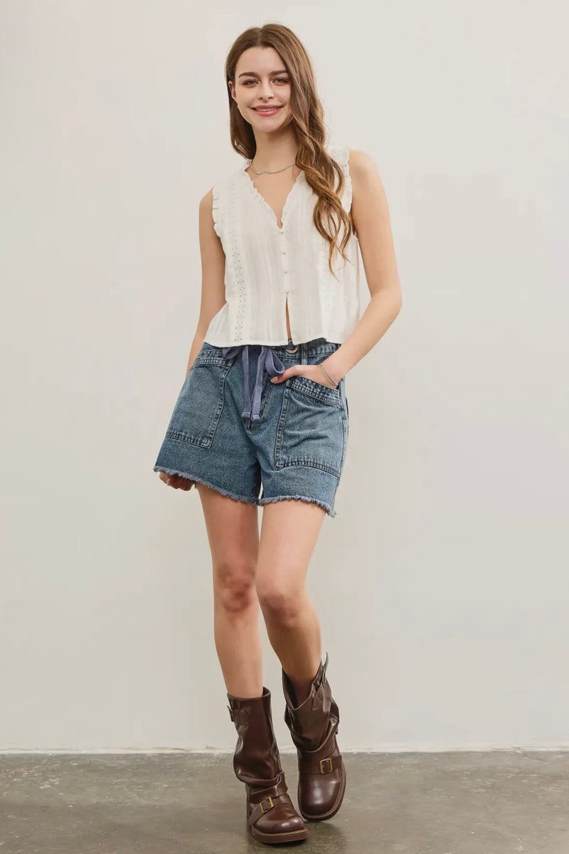 Ruffled V Neck Button Closure Top