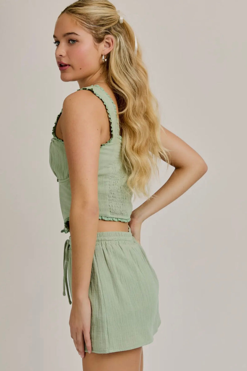 Sage Lace Trim Detail Smocked Corset Top with Mini Skort