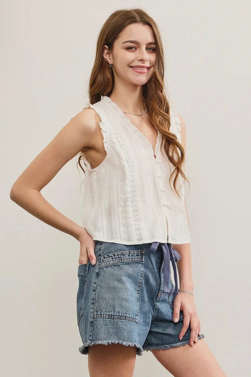 Ruffled V Neck Button Closure Top