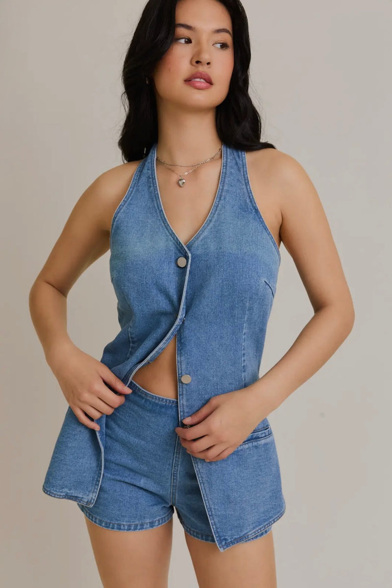 Denim Vest-Style Romper with Micro Shorts