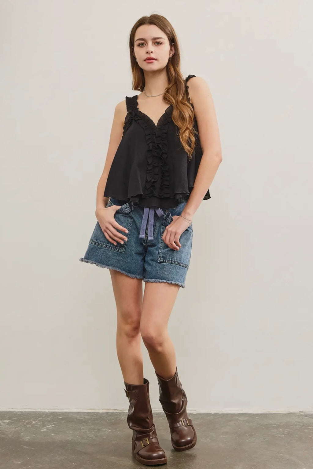 Tied Front Raw Edge Denim Shorts