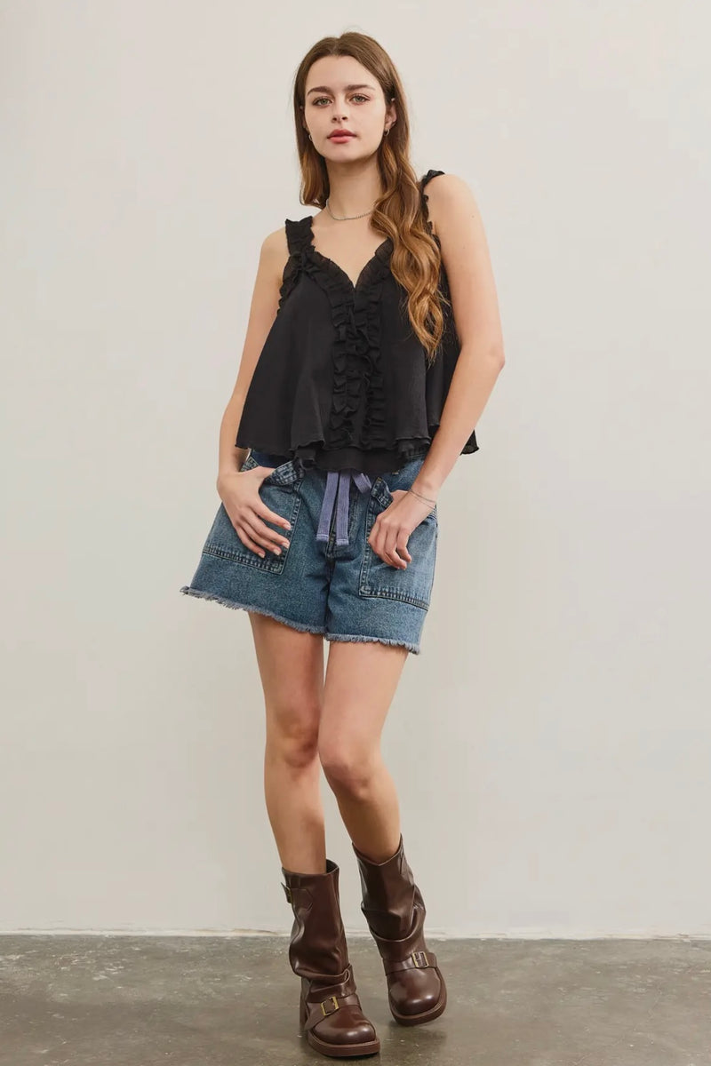 Tied Front Raw Edge Denim Shorts