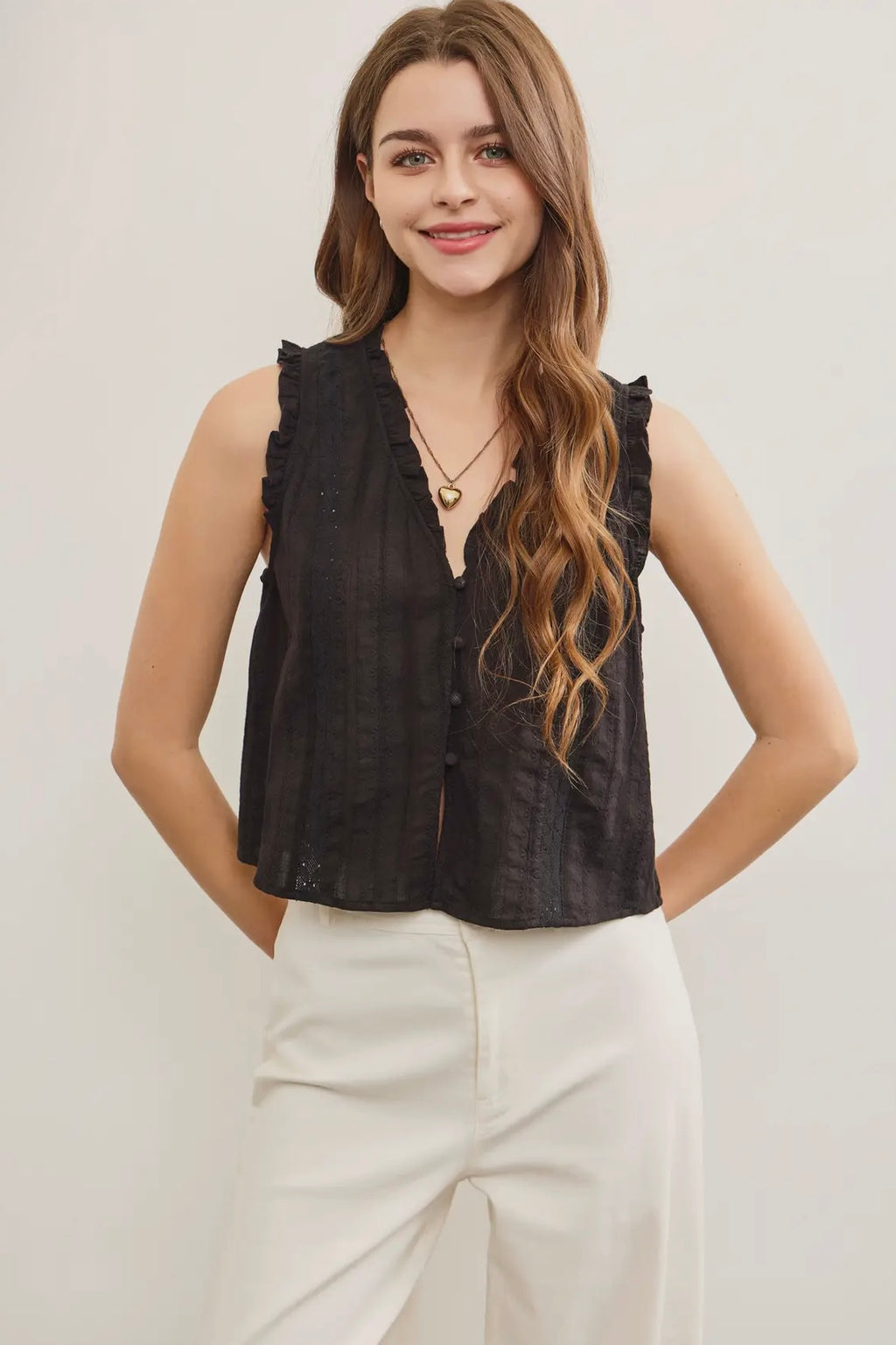 Ruffled V Neck Button Closure Top