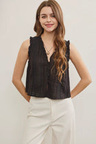 Ruffled V Neck Button Closure Top