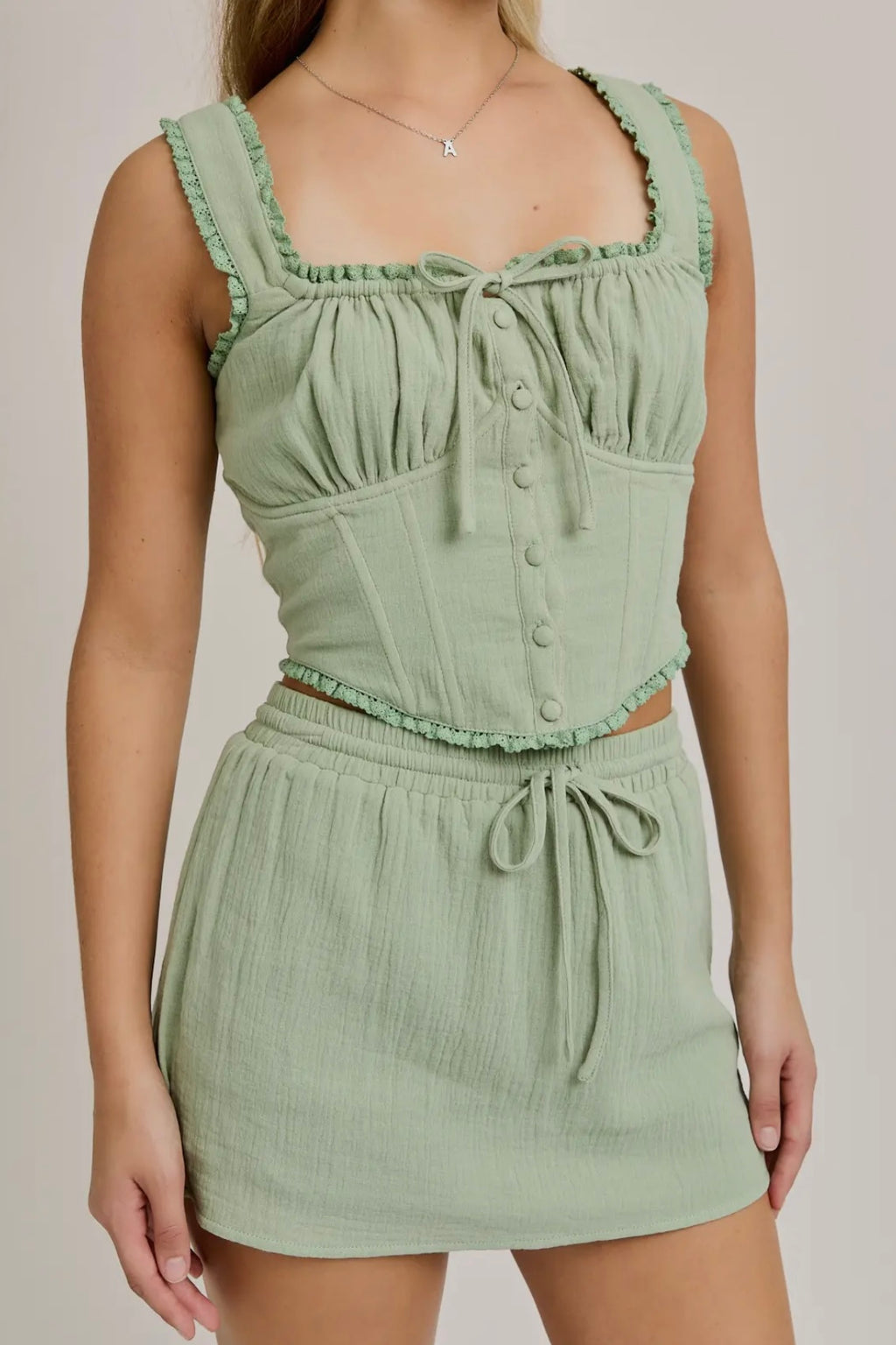 Sage Lace Trim Detail Smocked Corset Top with Mini Skort