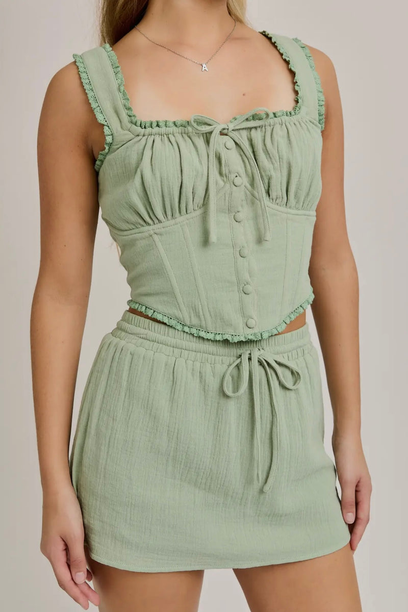 Sage Lace Trim Detail Smocked Corset Top with Mini Skort