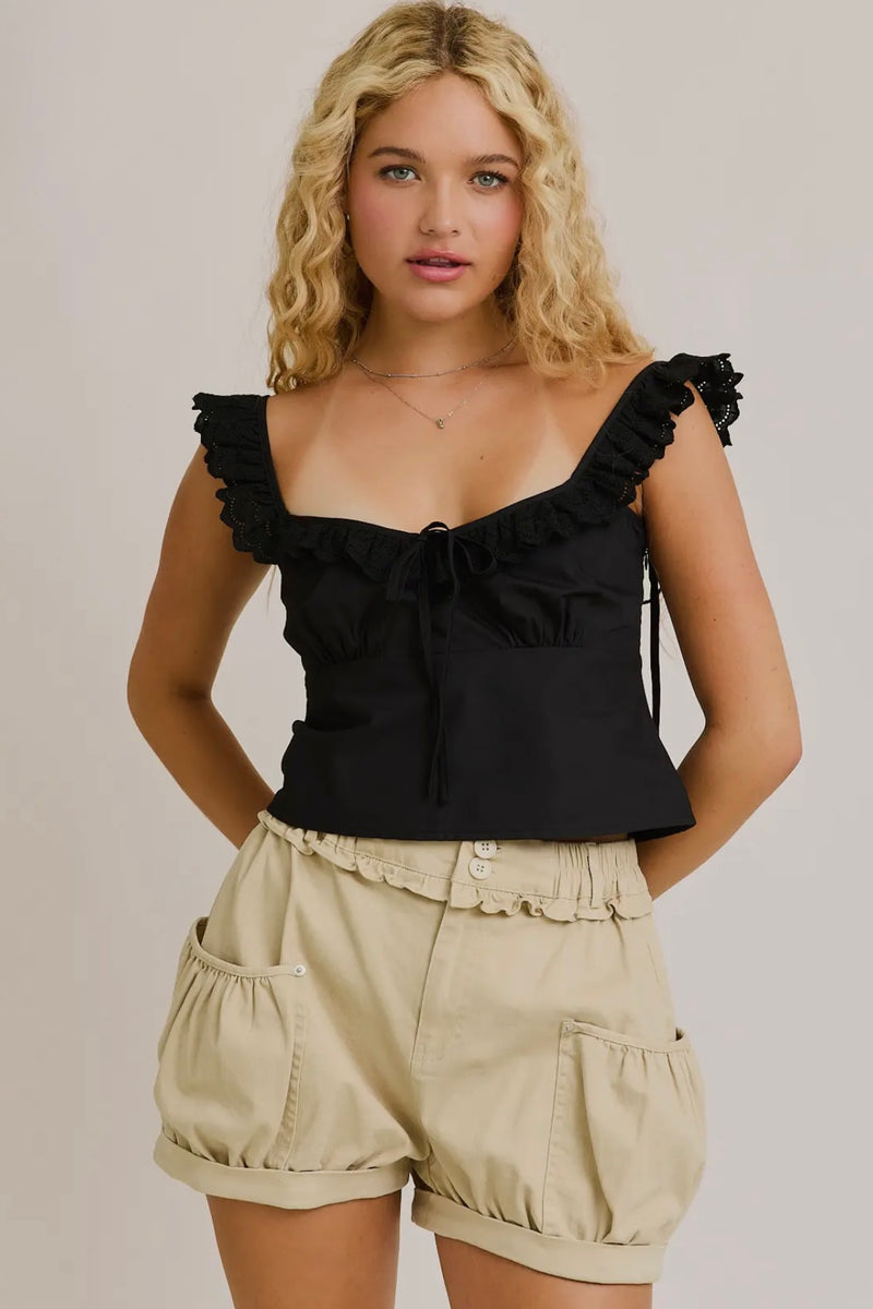Black Lace Ruffle Shoulder Trim Detail Cami Top