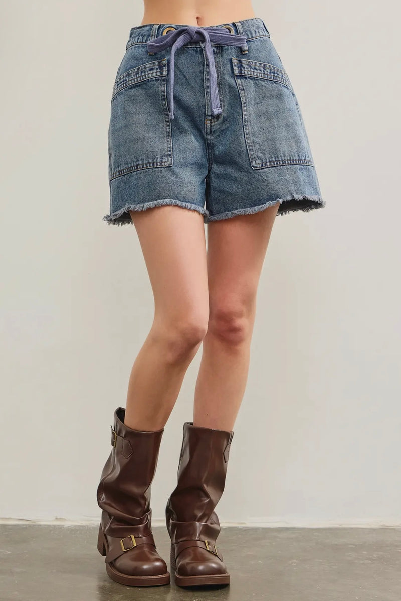 Tied Front Raw Edge Denim Shorts