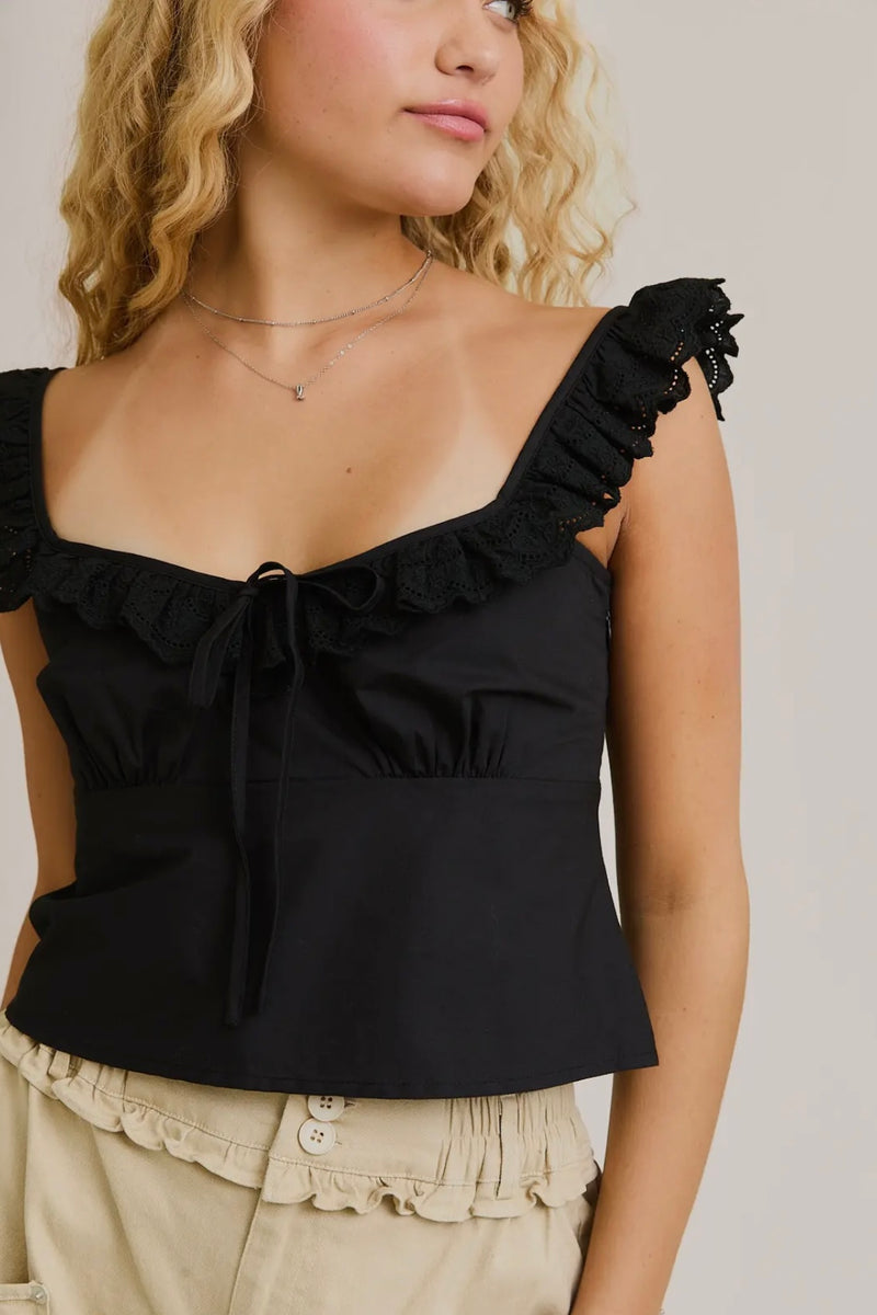 Black Lace Ruffle Shoulder Trim Detail Cami Top