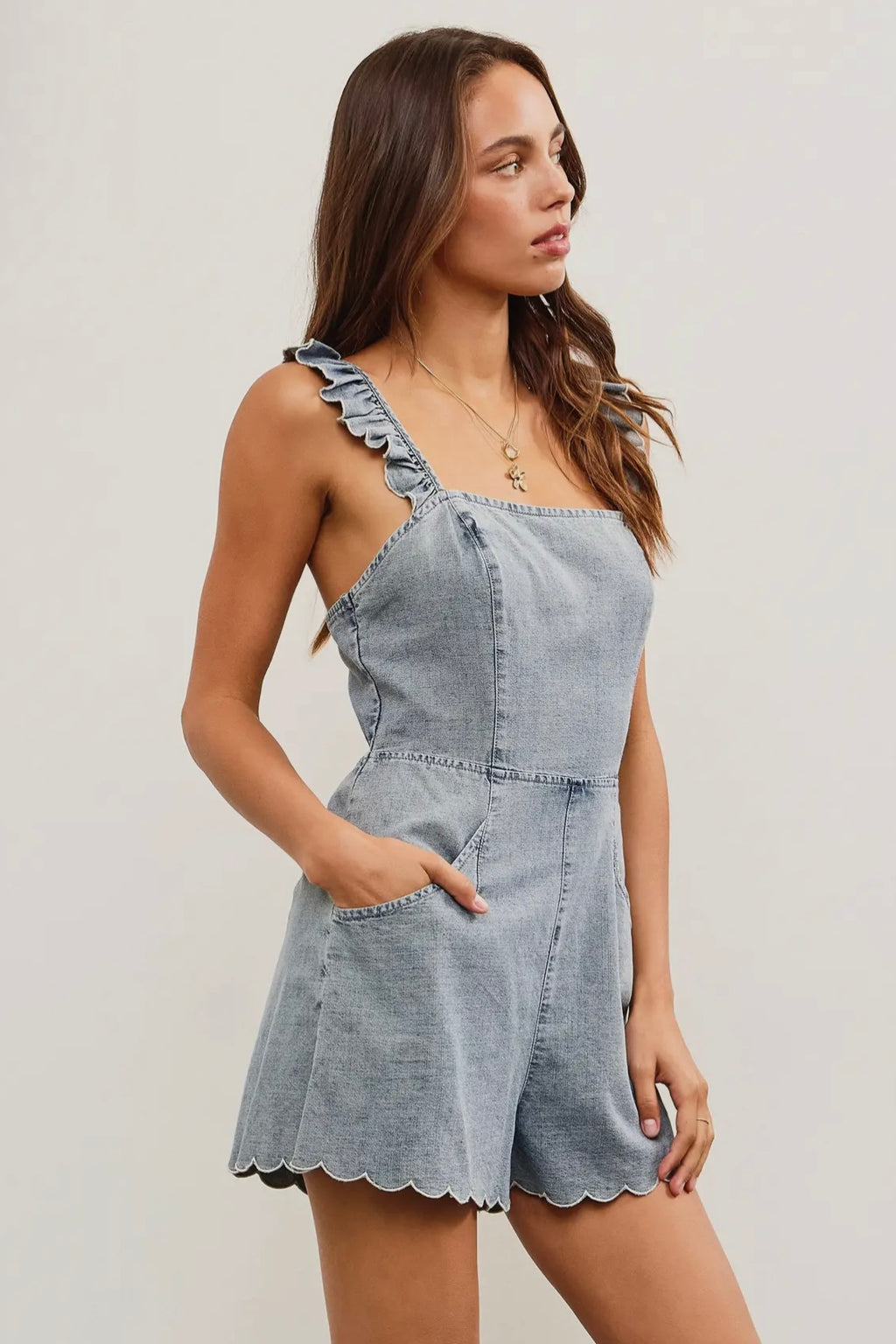 Scallop Edge Ruffle Strap Denim Romper