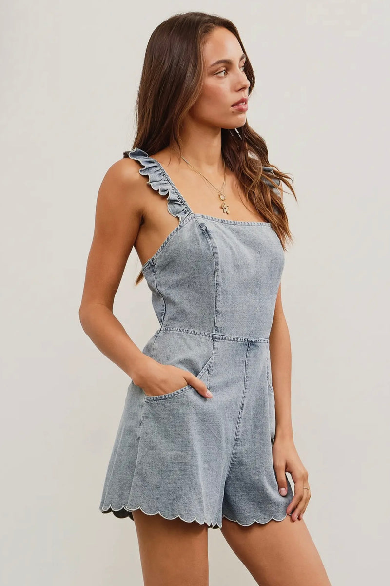 Scallop Edge Ruffle Strap Denim Romper