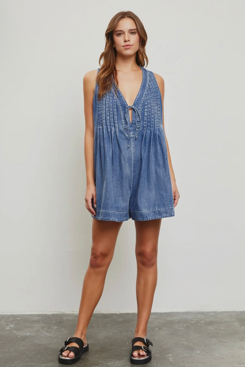Denim Pleated Romper with Tie